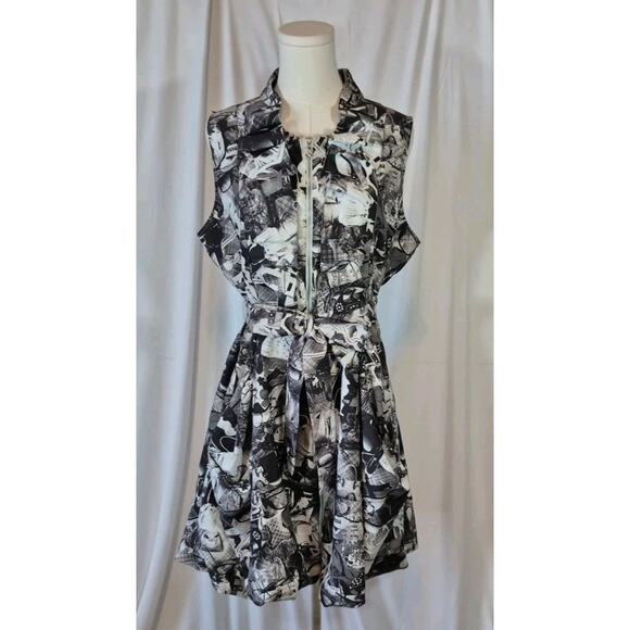 Samuel Dong Dresses & Skirts - Samuel Dong Black White Print Front Zipper Mini Dress Large Graphic